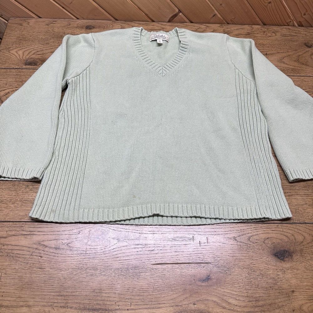 Vintage Cabelas Ribbed Thick Knit Fisherman Green V-Neck Sweater Women's XL Flaw